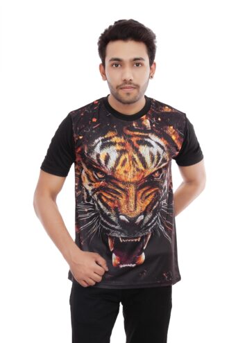 Tiger Printed Casual Black Tshirt Round Neck